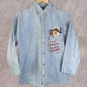 Vintage 1996 Warner Bros Taz Denim Button-Up Shirt Small Blue Embroidered